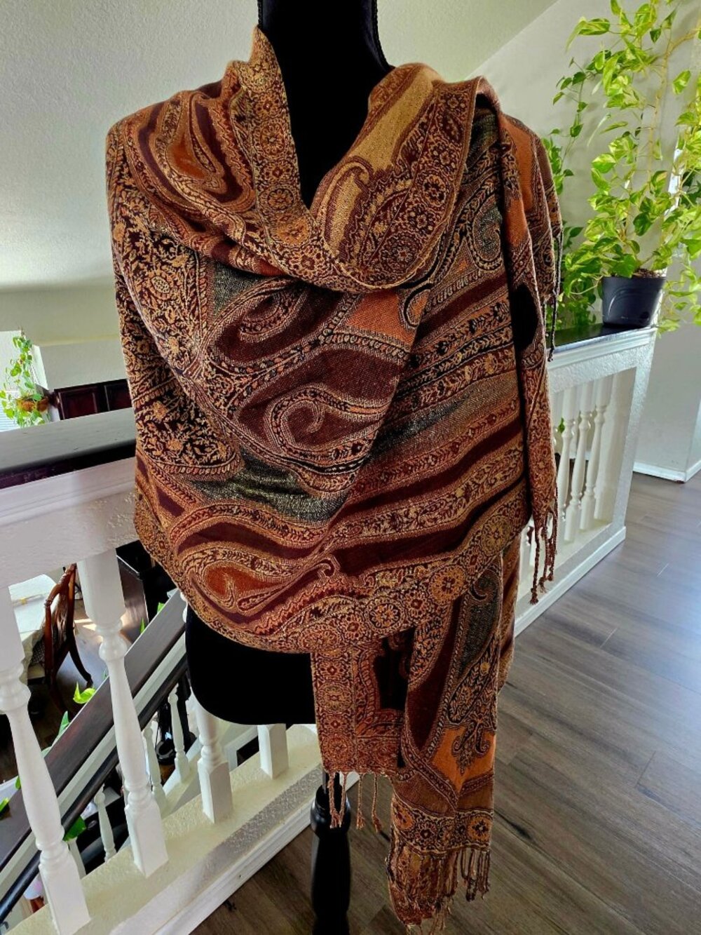 Shawl Brown & Gold Wrap Reversible w/Paisley Design 22x76